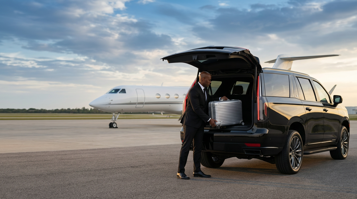 Black luxury SUV with chauffeur loading silver luggage on a private jet tarmac